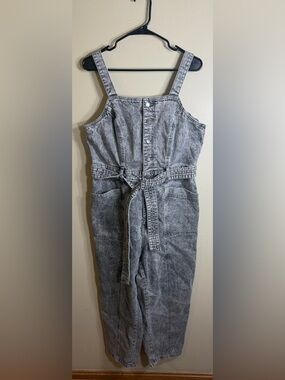 Universal Thread Gray Acid Wash Denim Wide Leg Jumpsuit Tie Waist Pockets Sz 14